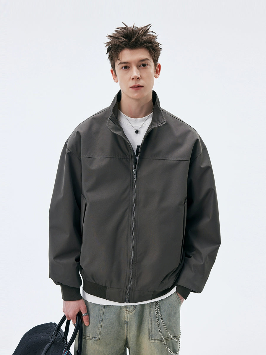 Oversized Zip-Up Bomber Jacket with Stand Collar