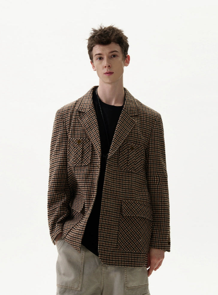 Checker Pattern Single-Breasted Blazer Jacket