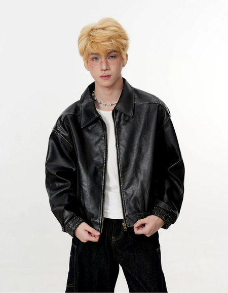 Mid Crop Faux Leather Zip Jacket with Elastic Hem and Cuffs - nightcity clothing