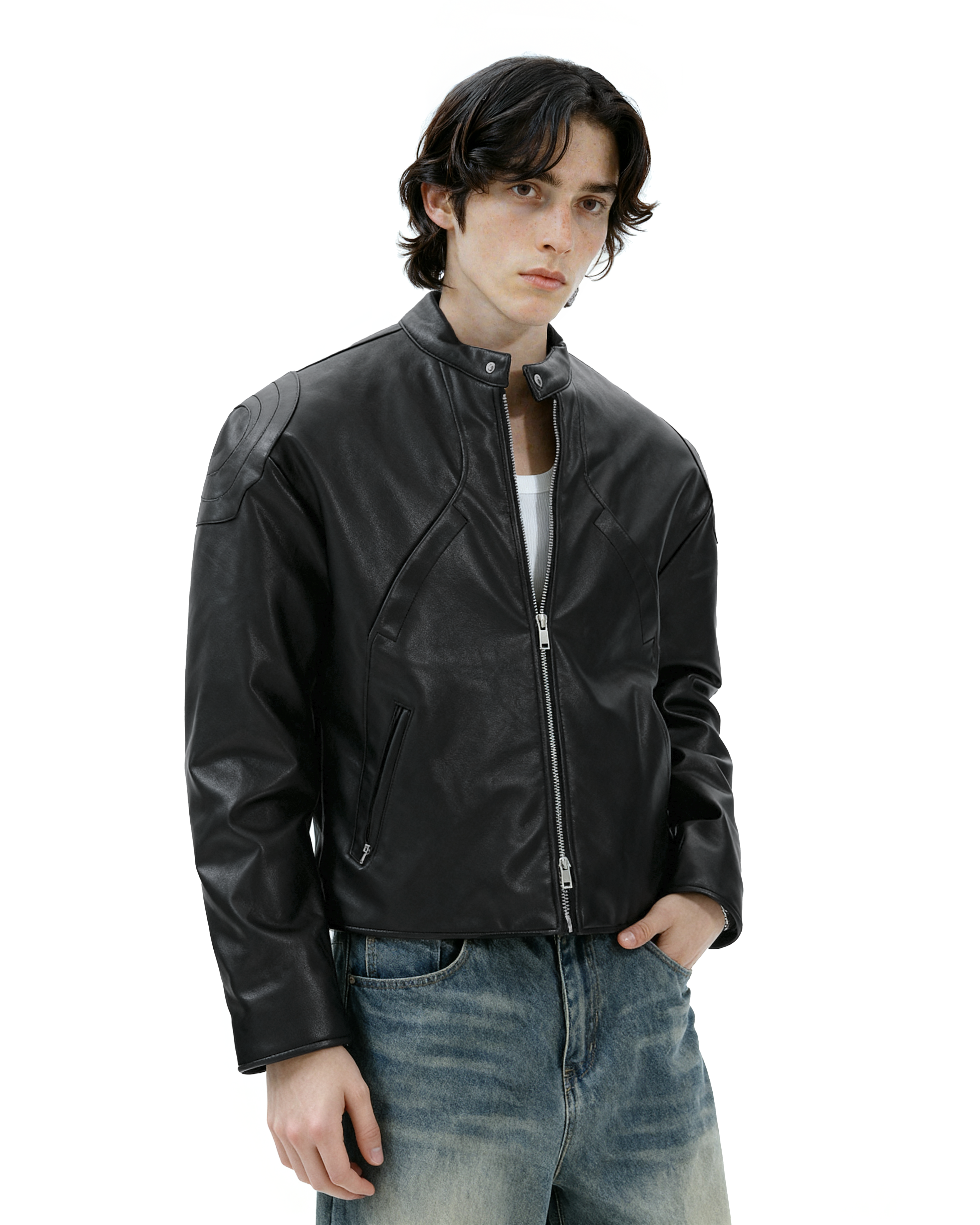 Boxy Faux Leather Racer Jacket with Zip Pockets - nightcity clothing