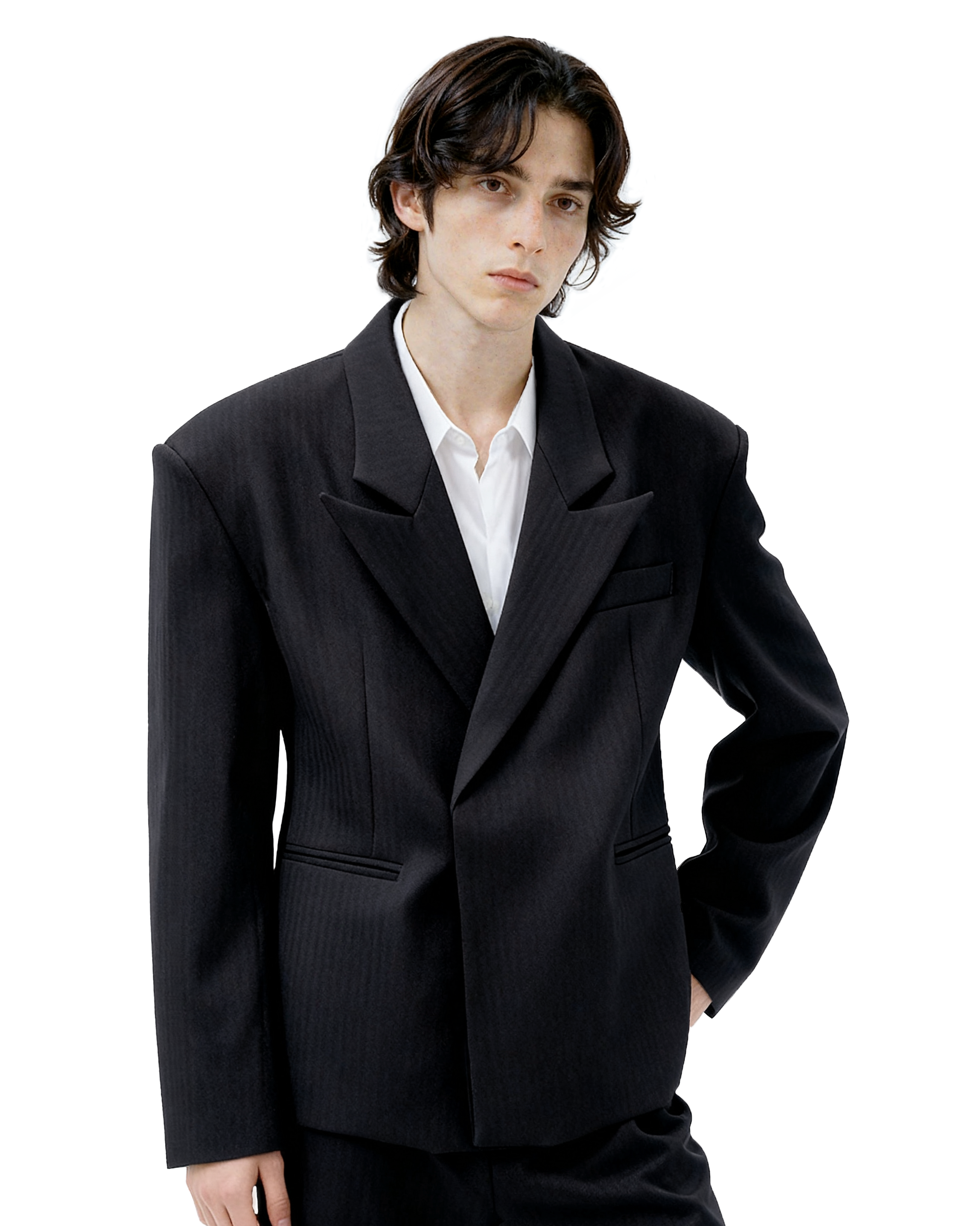 Overlap Stripe-Texture Wide Lapel Blazer and Flare Trousers Suit-4
