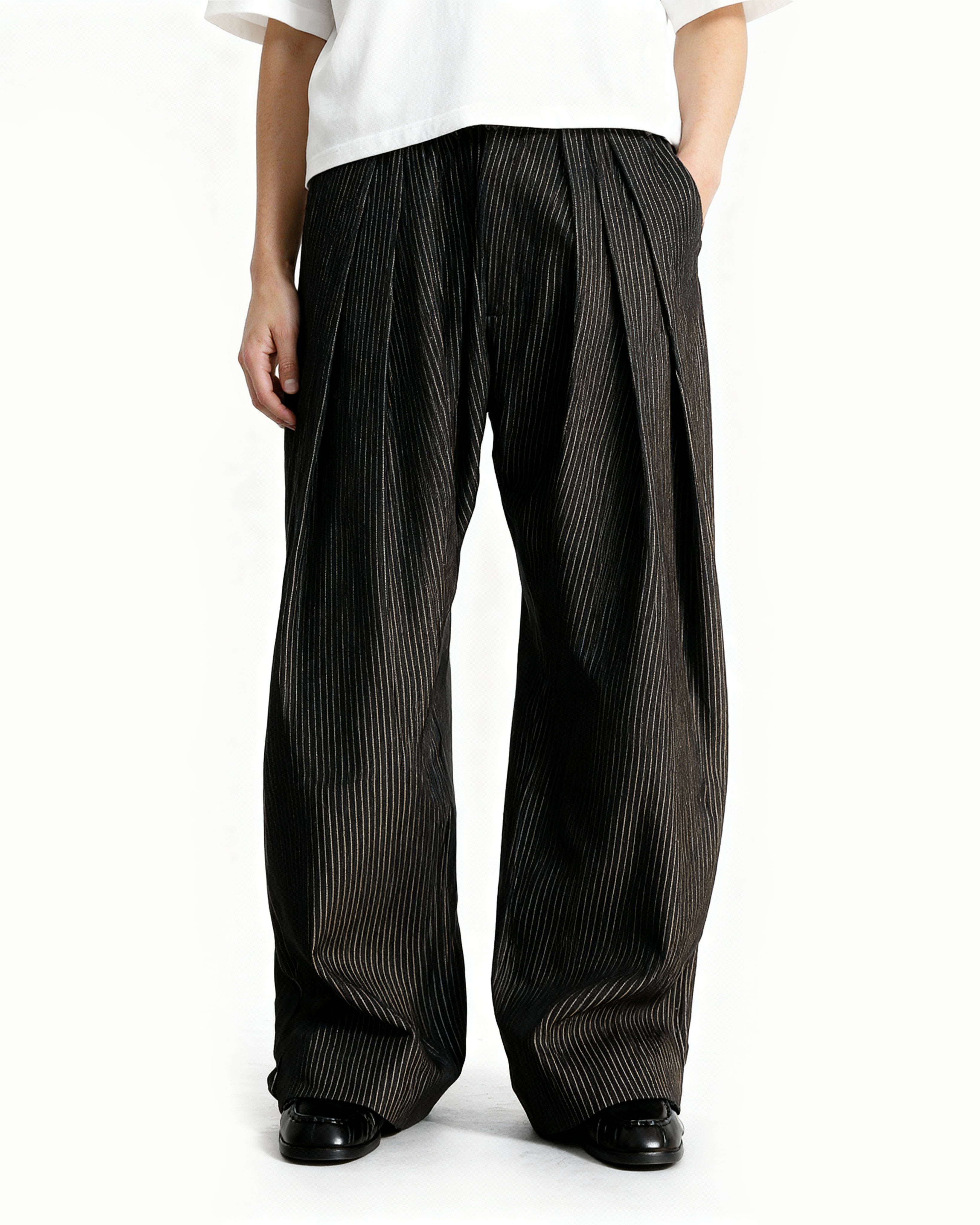 Pinstripe Wide Leg Semi-Flare Multi Pleated Pants