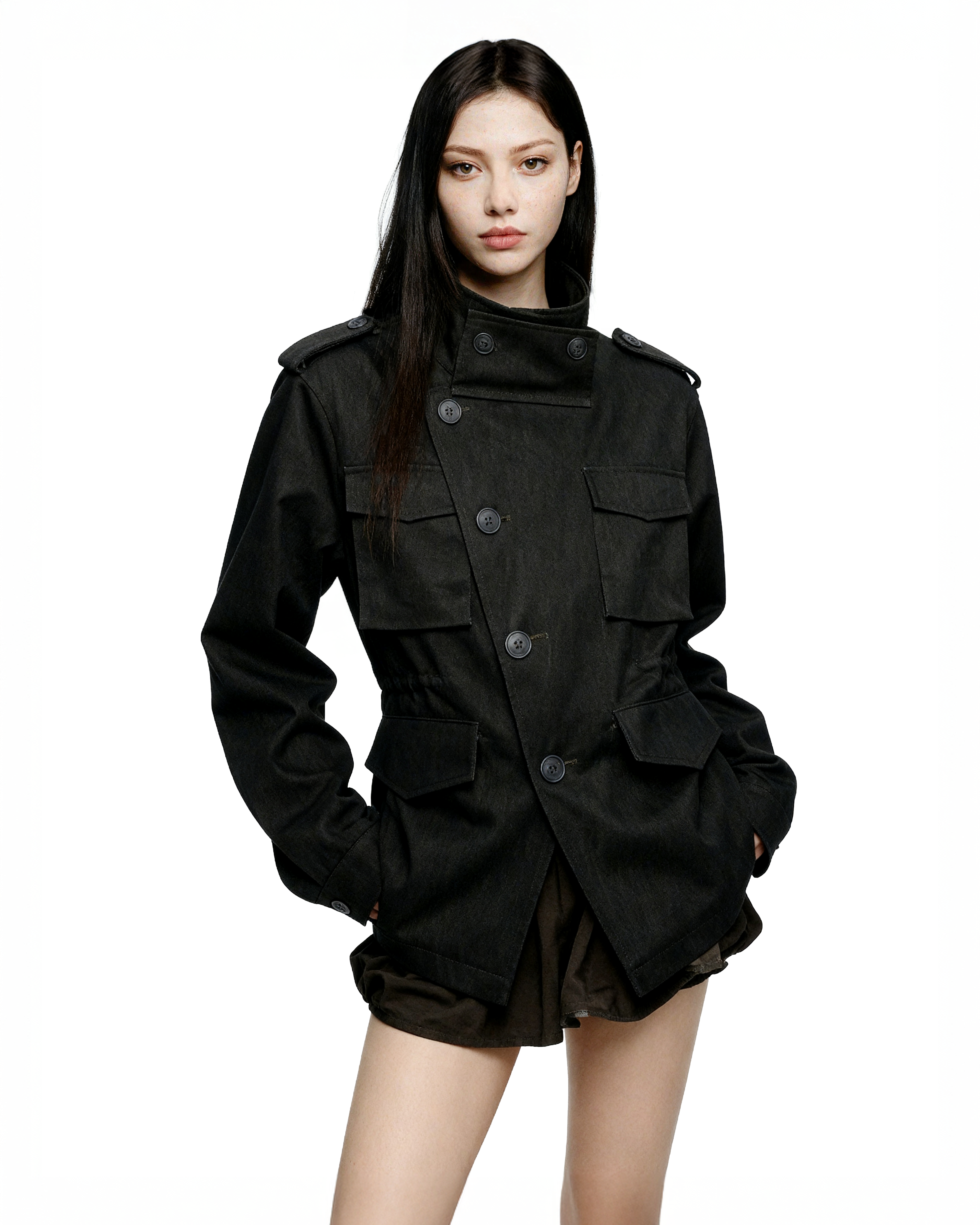 Asymmetric Overlap High-Collar Military Jacket-4