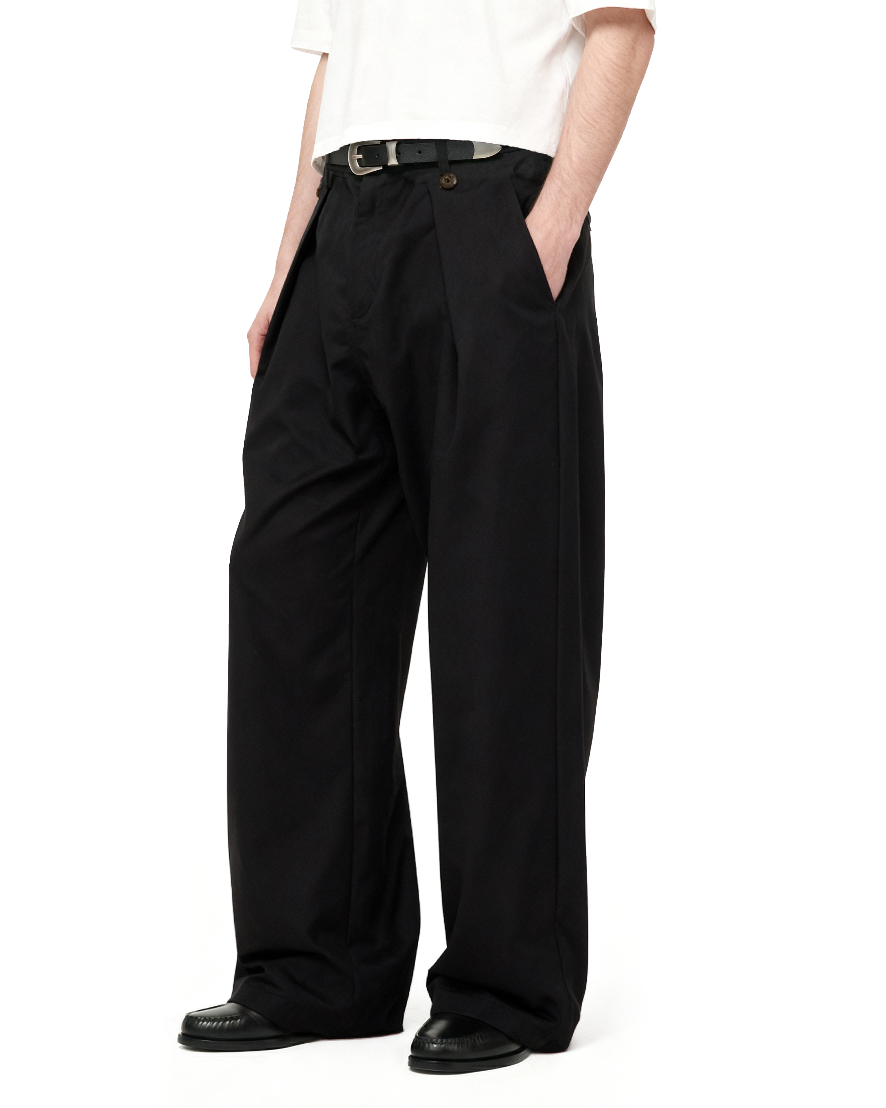 Wide Leg Pleated Pants with Side Overlay Button Panels - nightcity clothing