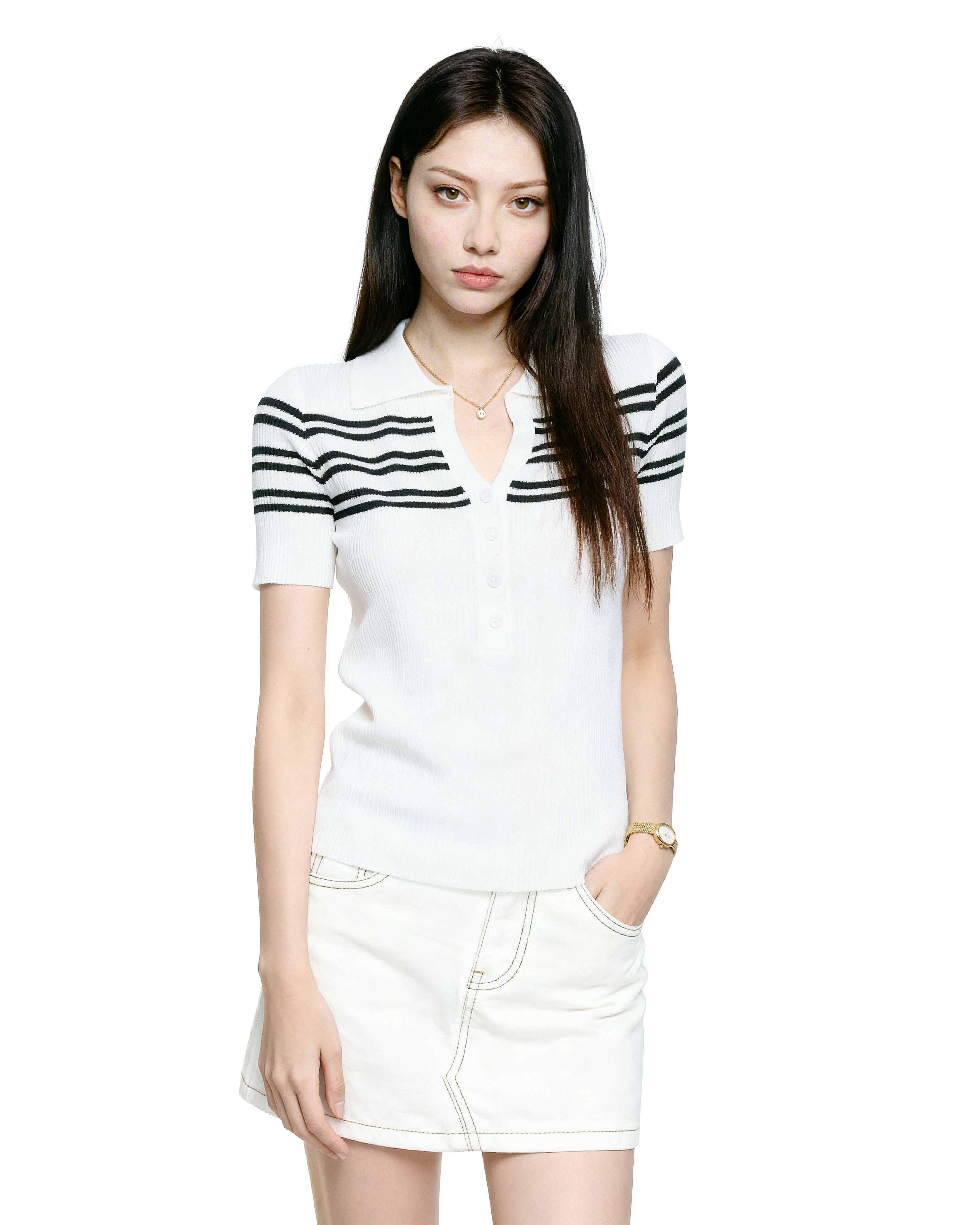 Stripe Ribbed Knit Polo Shirt with Button Detail-4