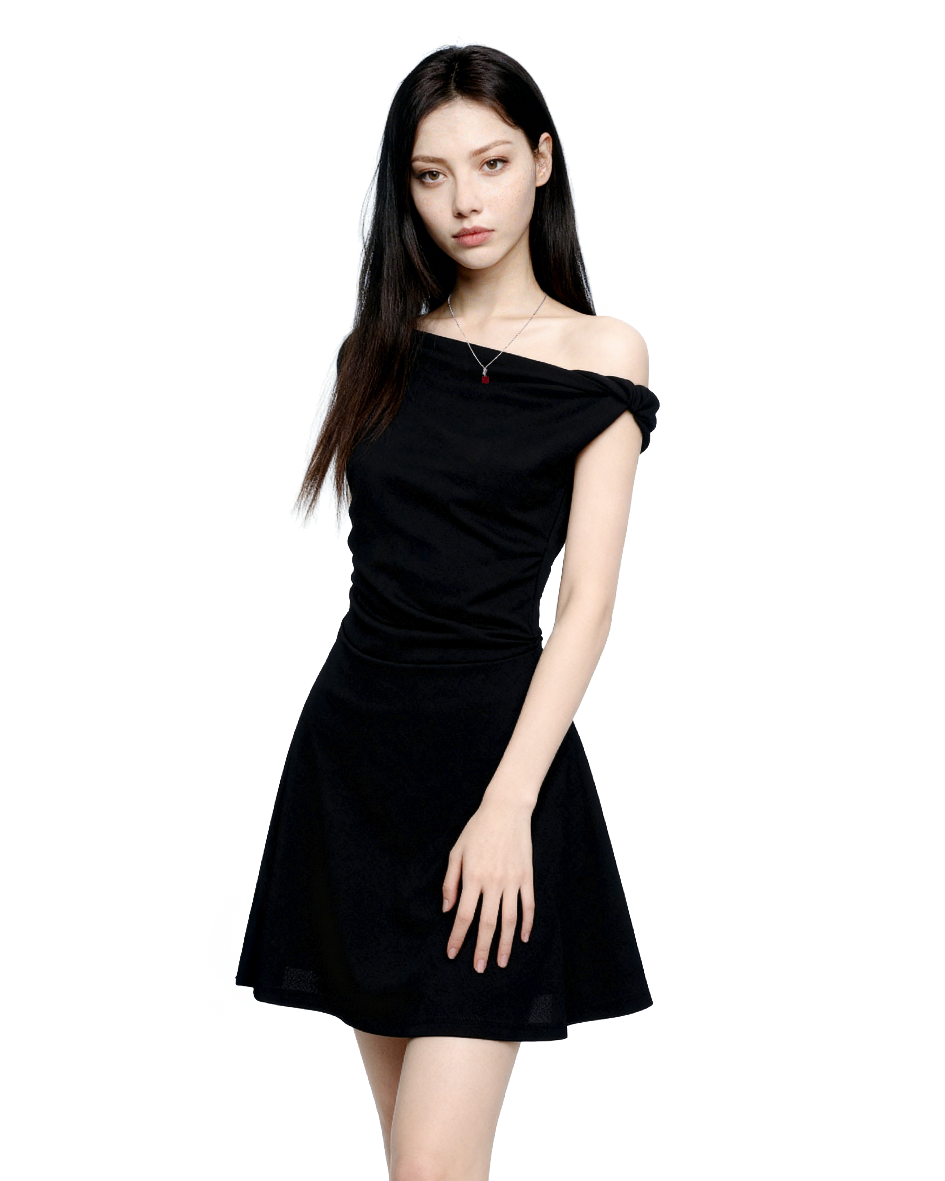 Asymmetric Off Shoulder Short Sleeve Flared Hem Mini Dress-2