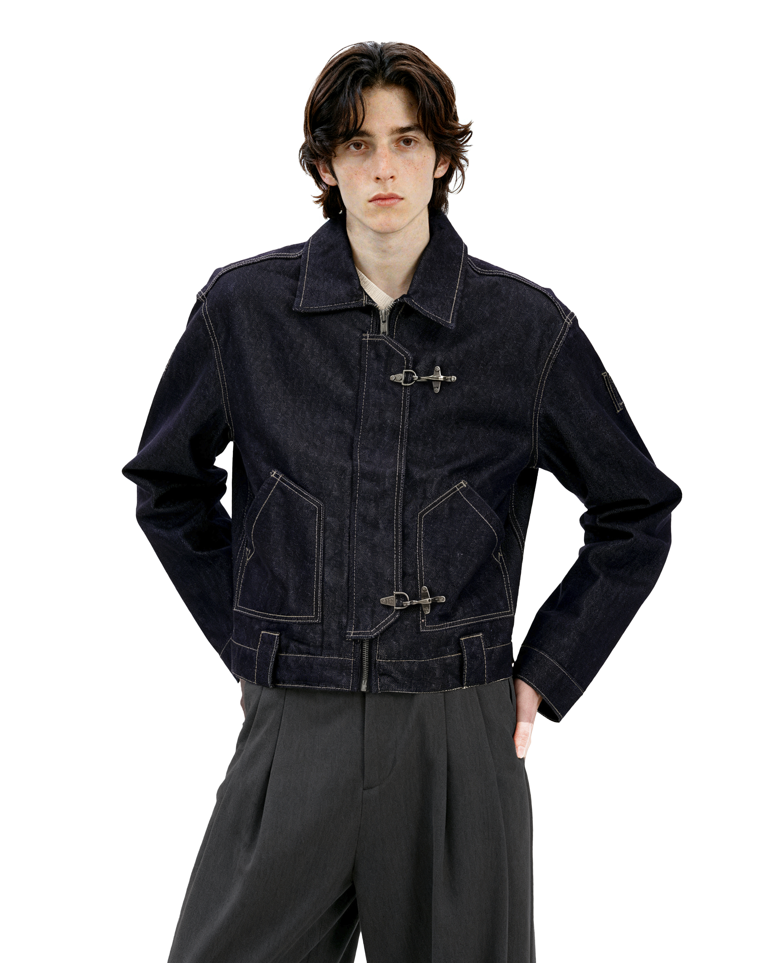 Dark Wash Fireman Clasp Mid-Crop Denim Jacket - nightcity clothing
