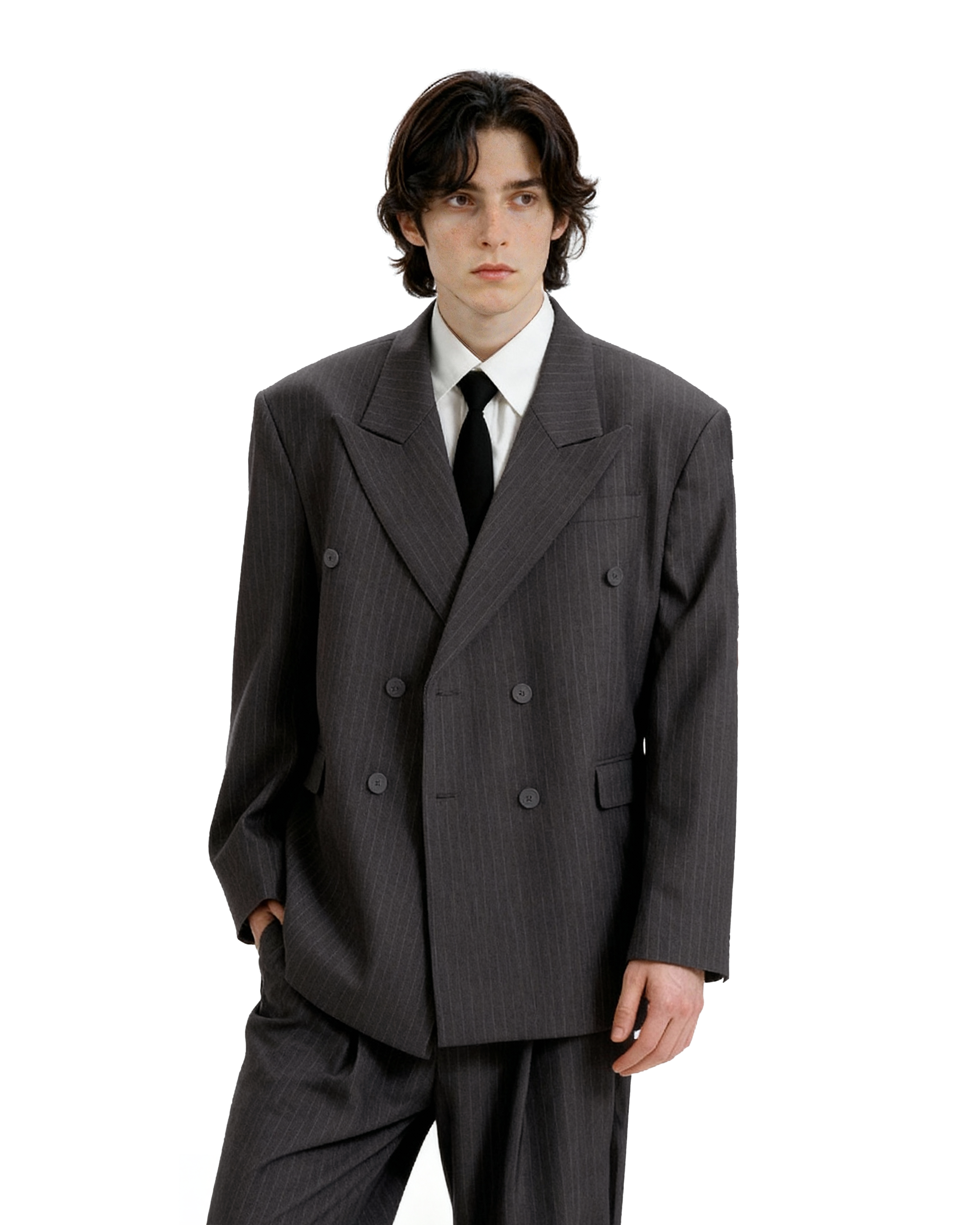 Boxy Double-Breasted Pinstripe Blazer and Wide Leg Pleated Pants Two-Piece Set - nightcity clothing