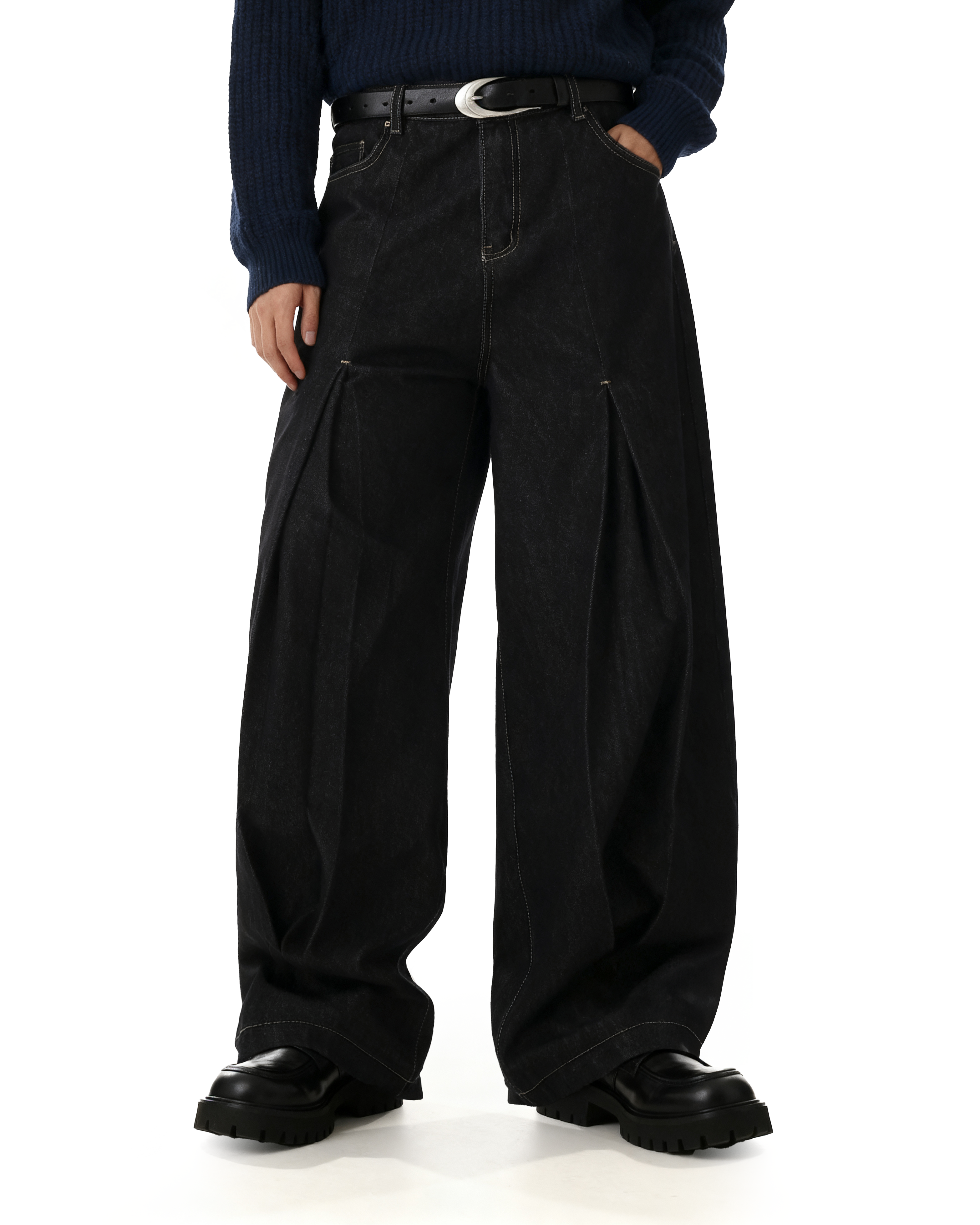 Half-Pleated Dark Wash Contrast Stitch Wide Jeans - nightcity clothing