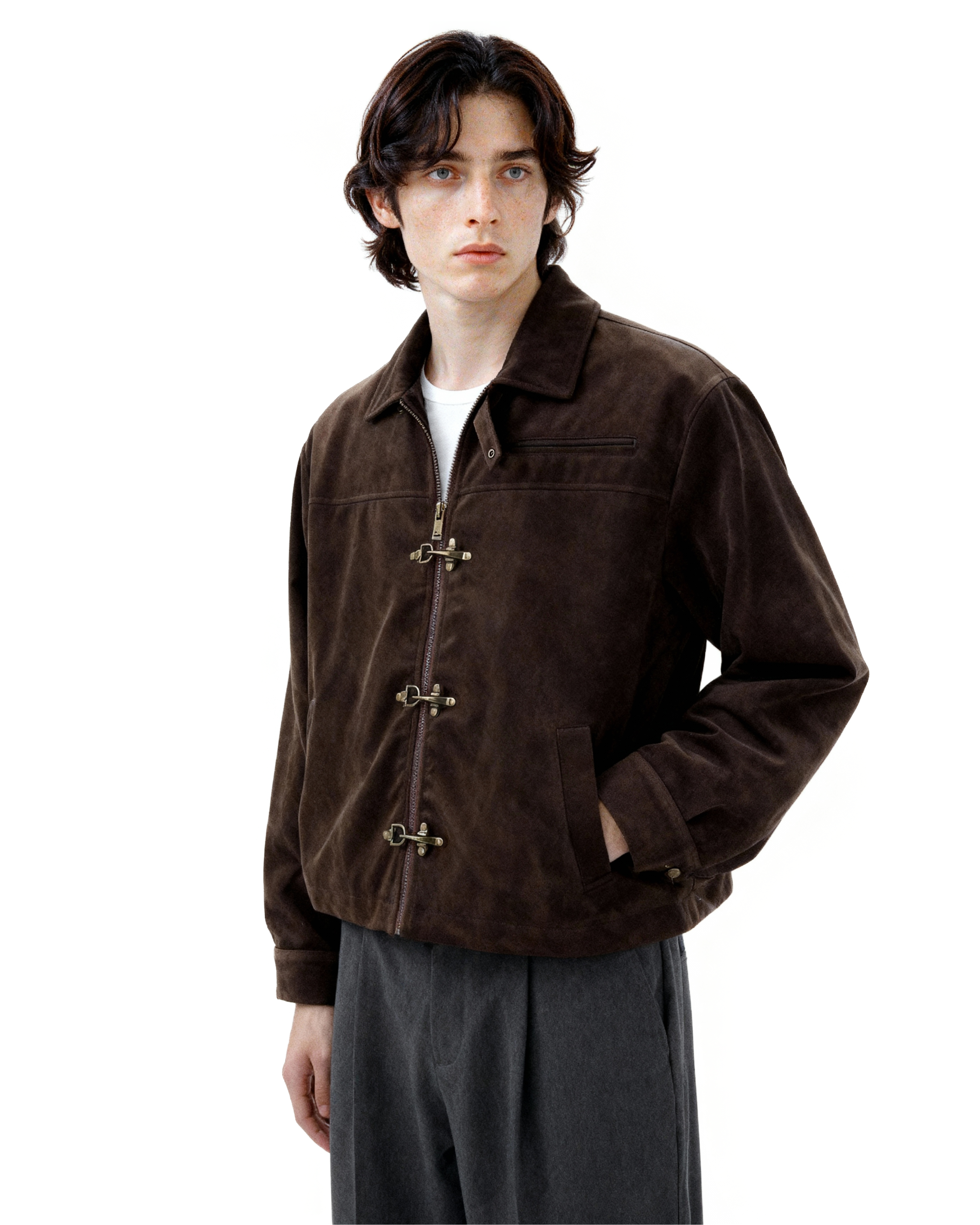 Fireman Buckle Mid-Crop Worker Suede Jacket