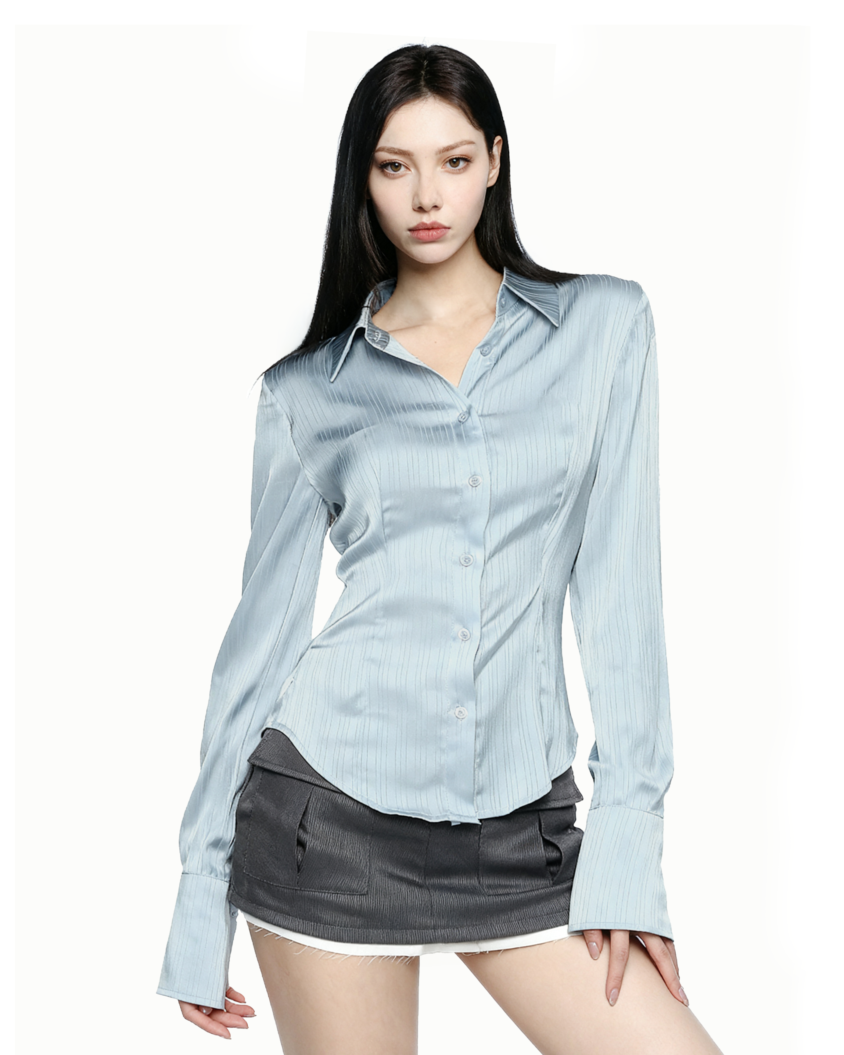 Pinstripe Satin Button-Up Shirt with Flare Long Sleeve