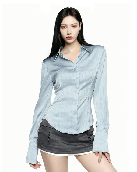 Pinstripe Satin Button-Up Shirt with Flare Long Sleeve