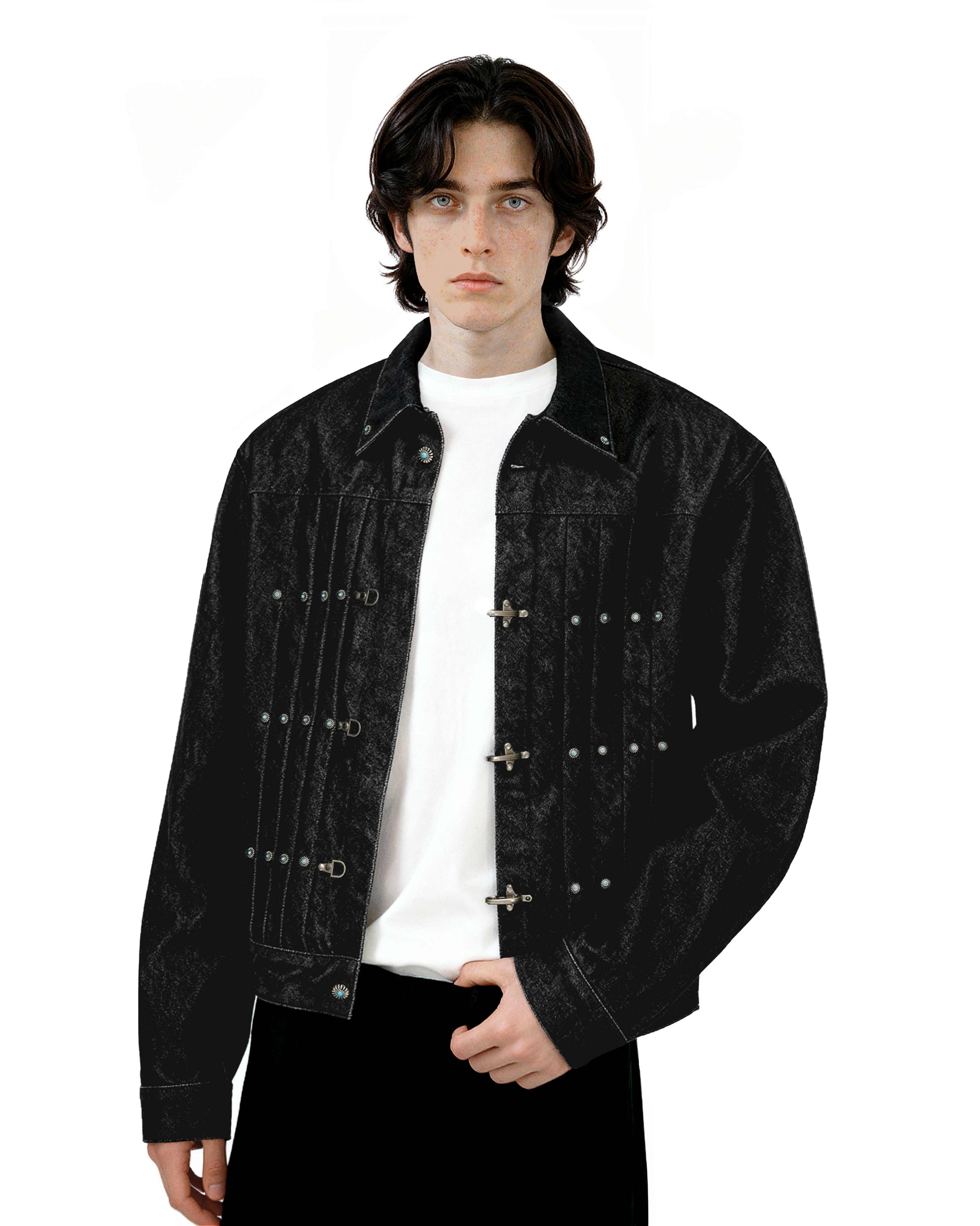BLACK FLAME P coat ジャケット Fireman Clasp Pleated Denim Jacket with Studs – nightcity clothing