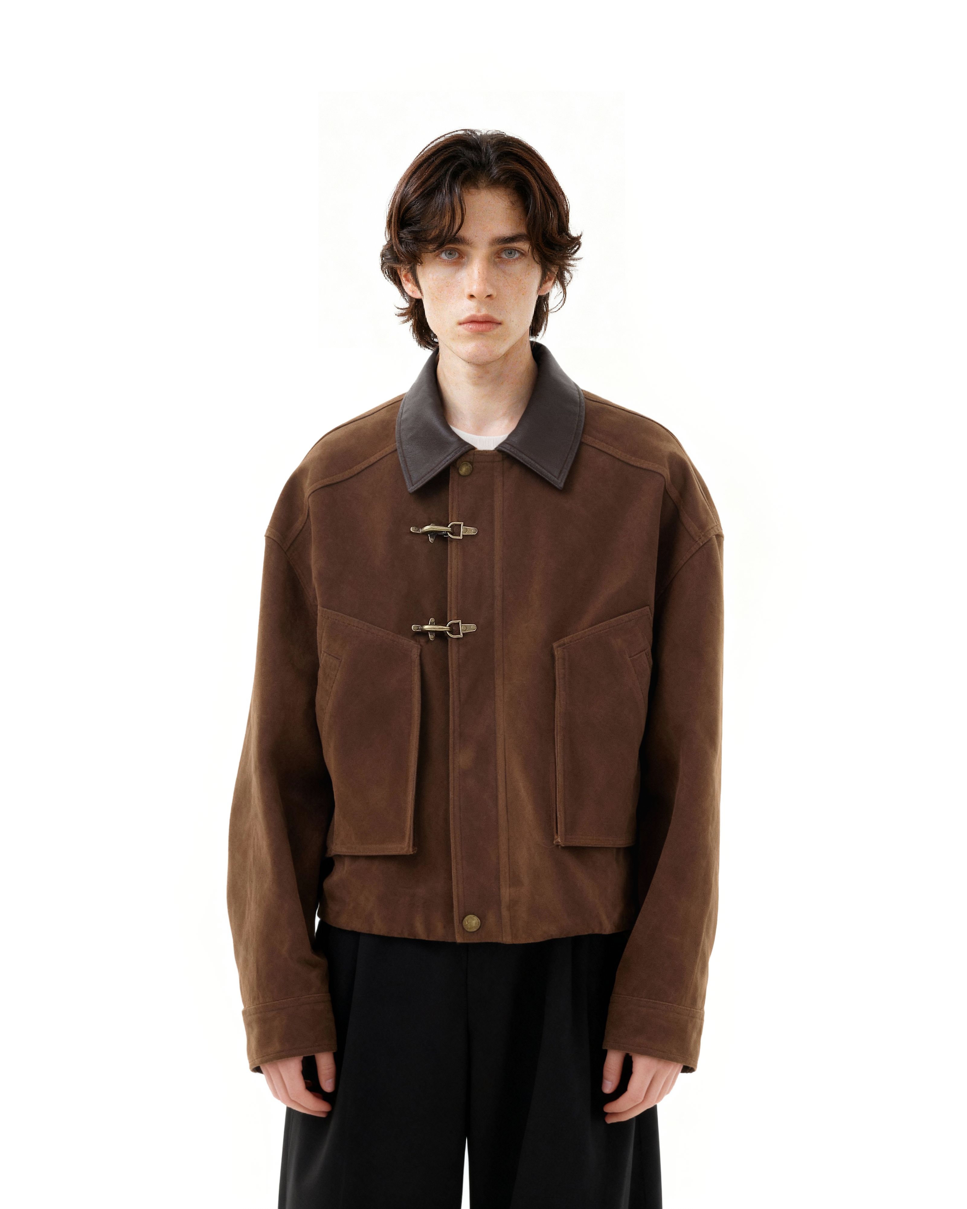 Contrast Faux-Leather Collar Fireman Buckle Suede Jacket