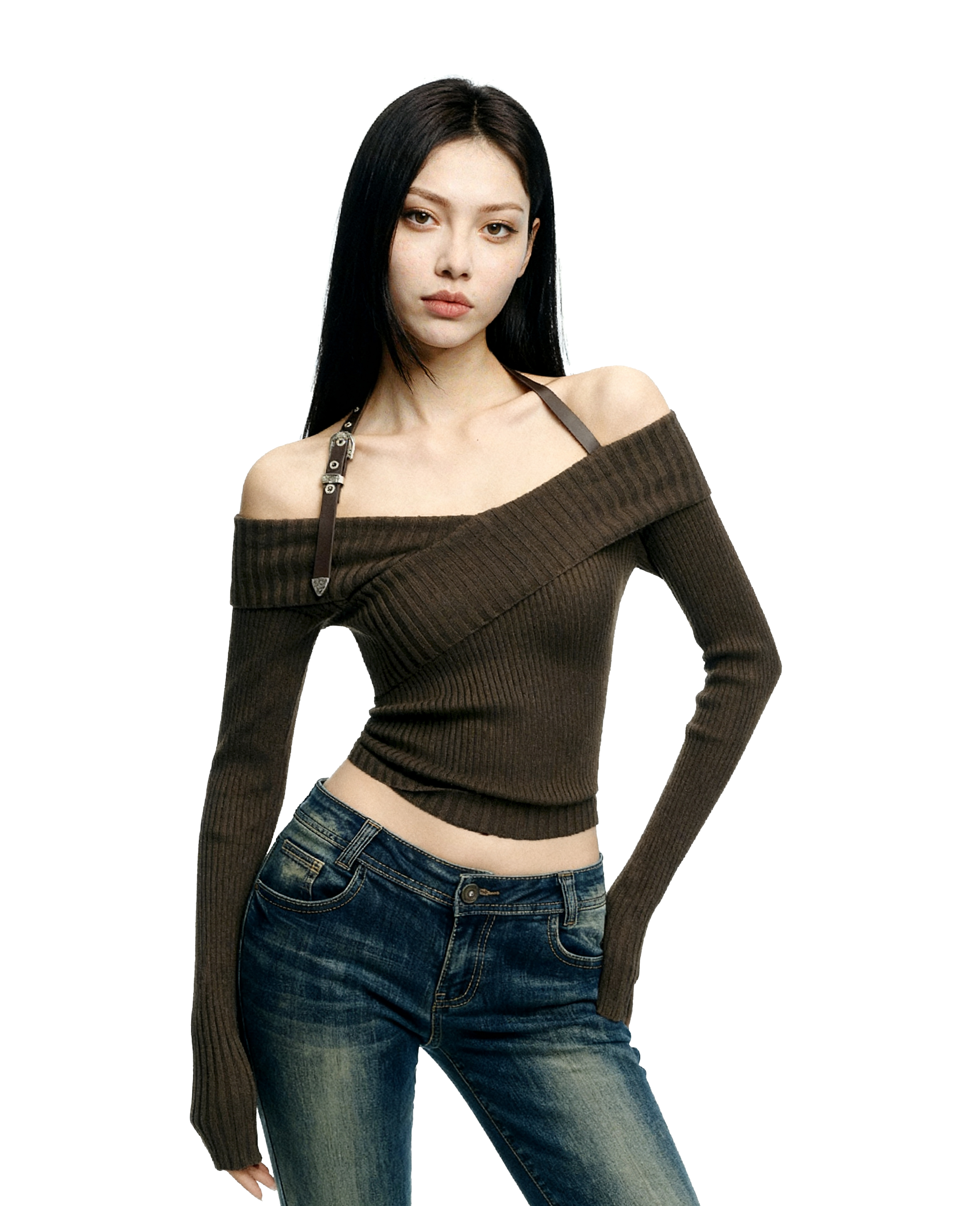 Halter Neck Ribbed Knit Long Sleeve Top - nightcity clothing