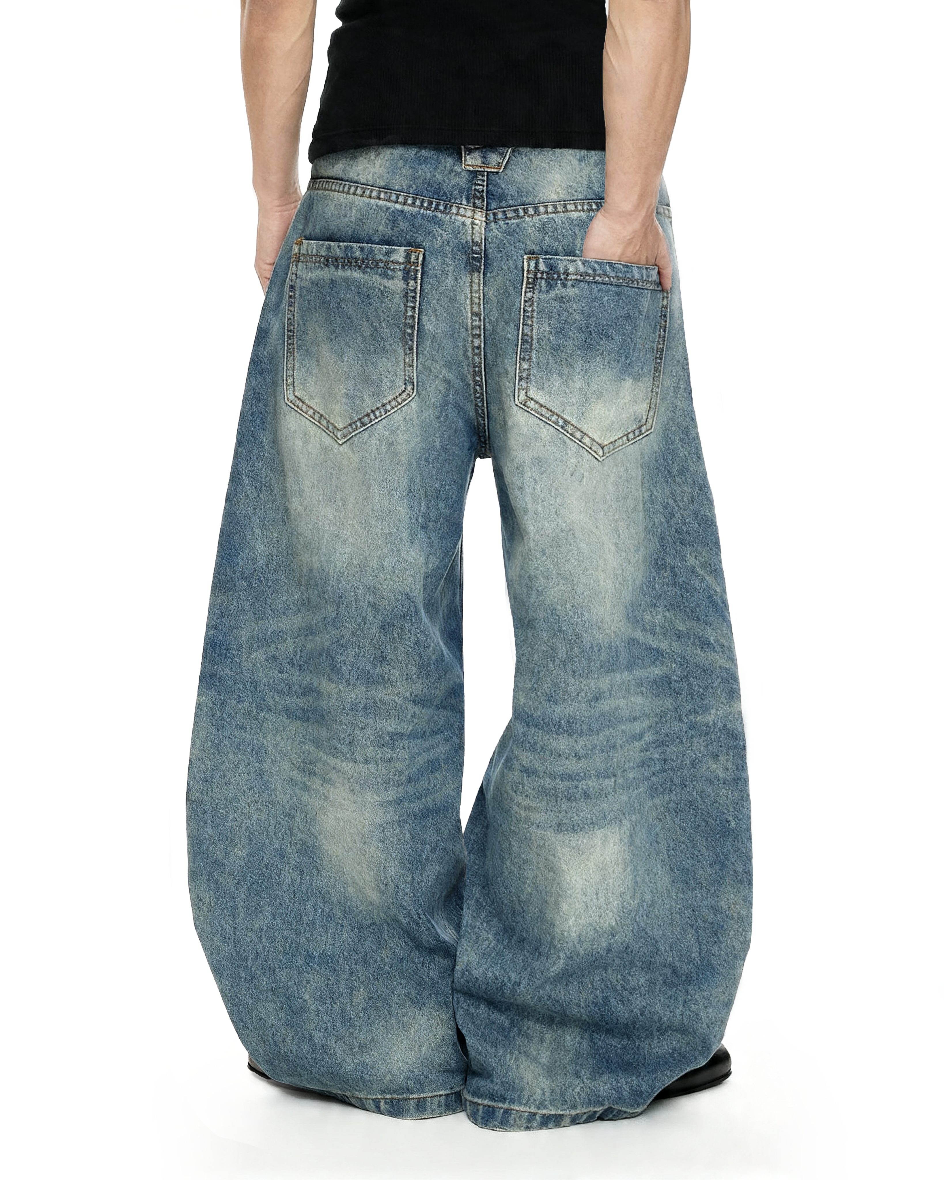 Fireman Buckle Crotch Wide Leg Vintage Wash Denim Jeans-3