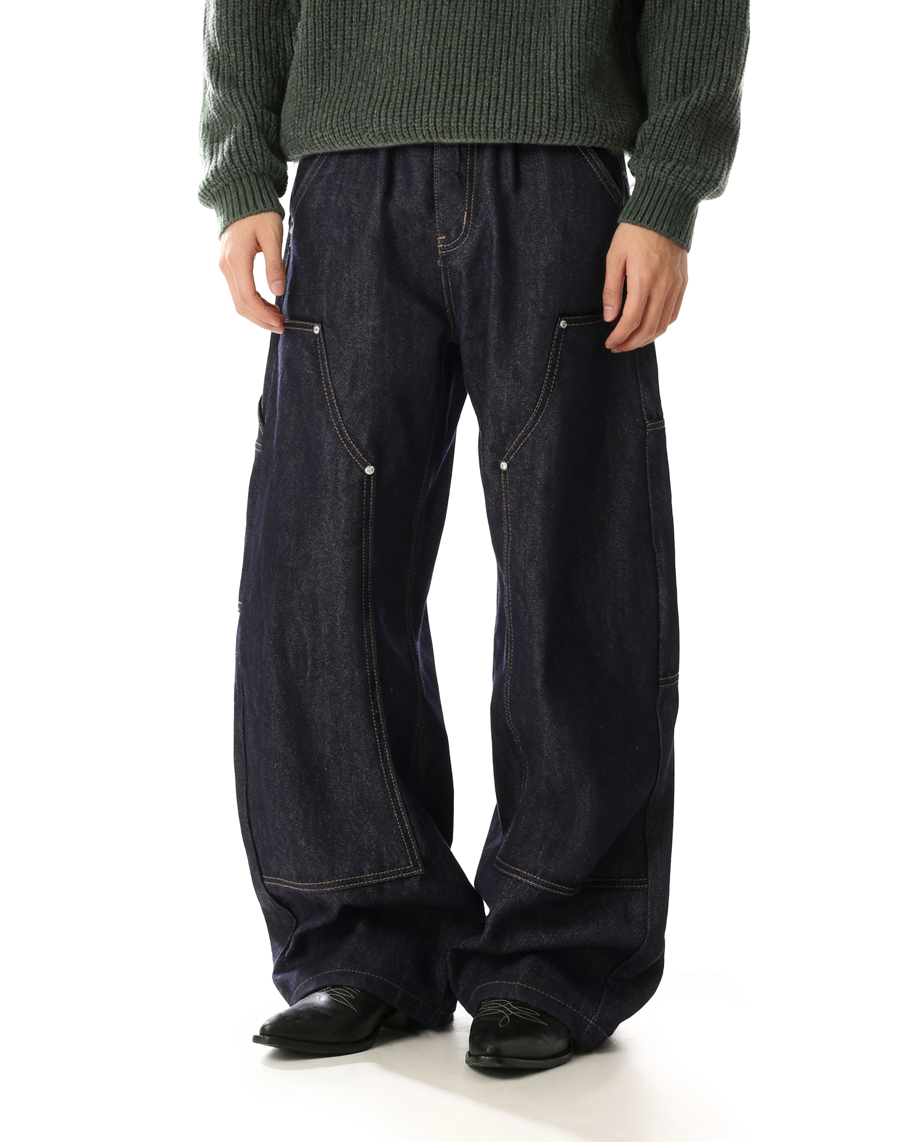Rivet Detail Wide Leg Contrast Stitch Utility Jeans - nightcity clothing