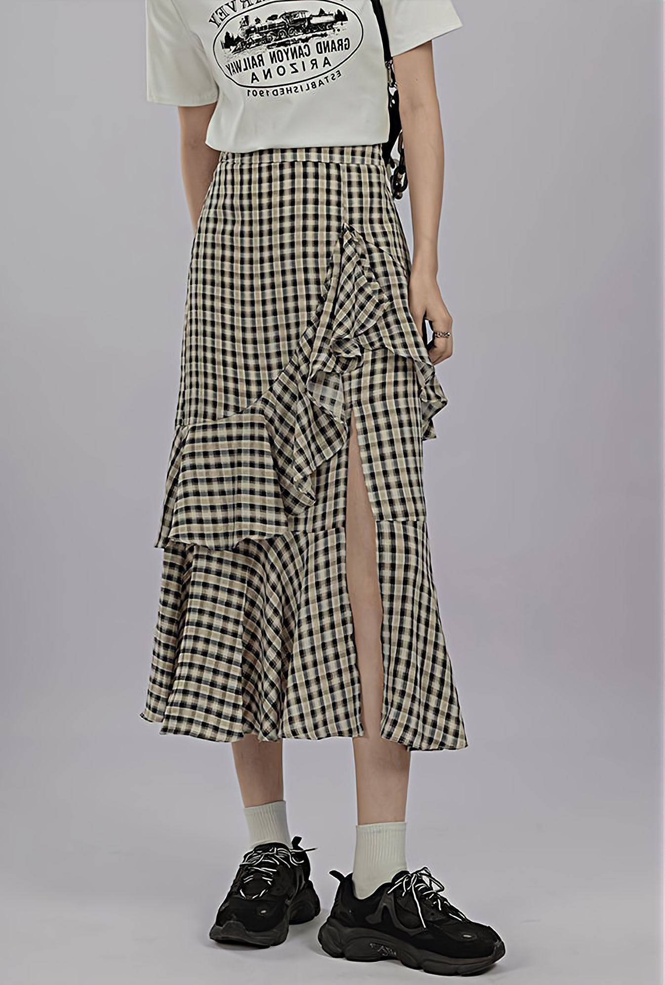 Tier Ruffle Slit Plaid Midi Skirt