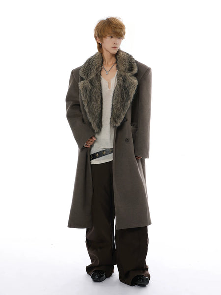 Longline Overcoat with Detachable Faux Fur Collar - nightcity clothing
