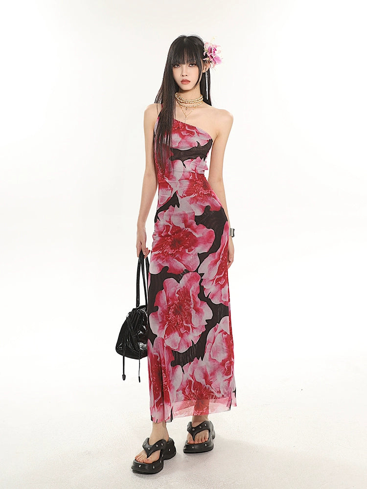 One Shoulder Floral Maxi Dress with Back Cut-Out Detail