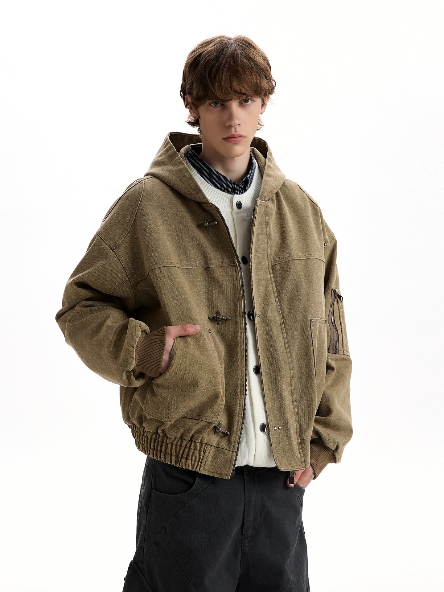 Oversized Fireman Clasp Hooded Worker Jacket