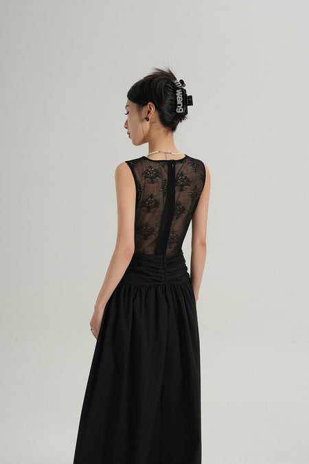 Sleeveless V-Neck Maxi Dress with Lace Back and Ruched Waist - nightcity clothing