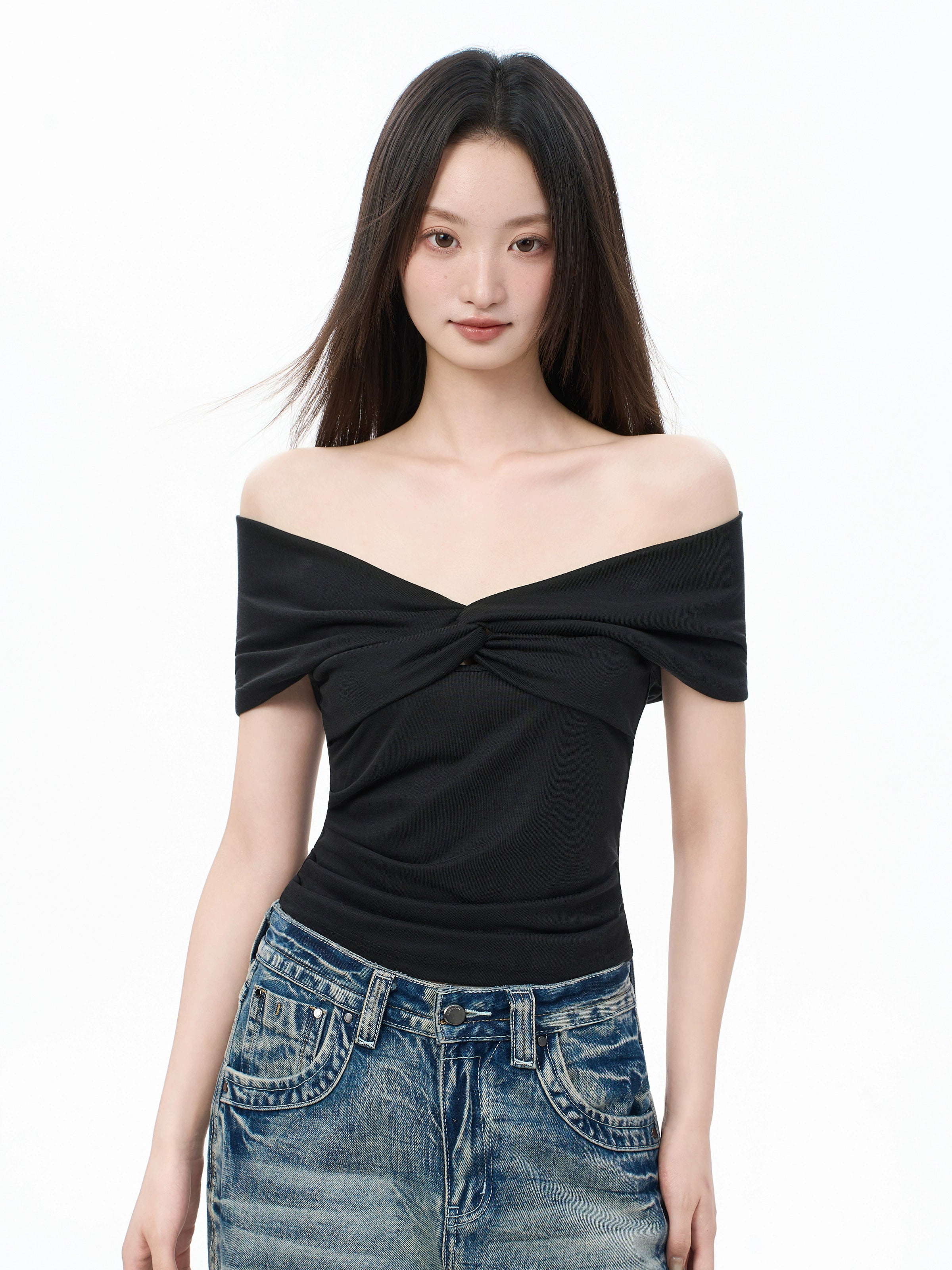 Off Shoulder Slim-Fit Twist Front Ribbed Top