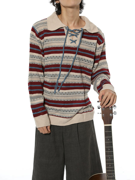 Striped Collar Open Knit Pullover with Drawstring V-Neck