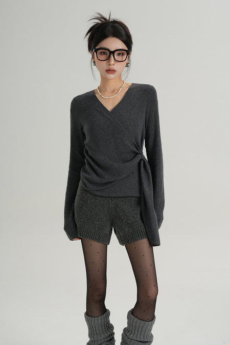 Long Sleeve V-Neck Wrap Knotted Side Tie Top