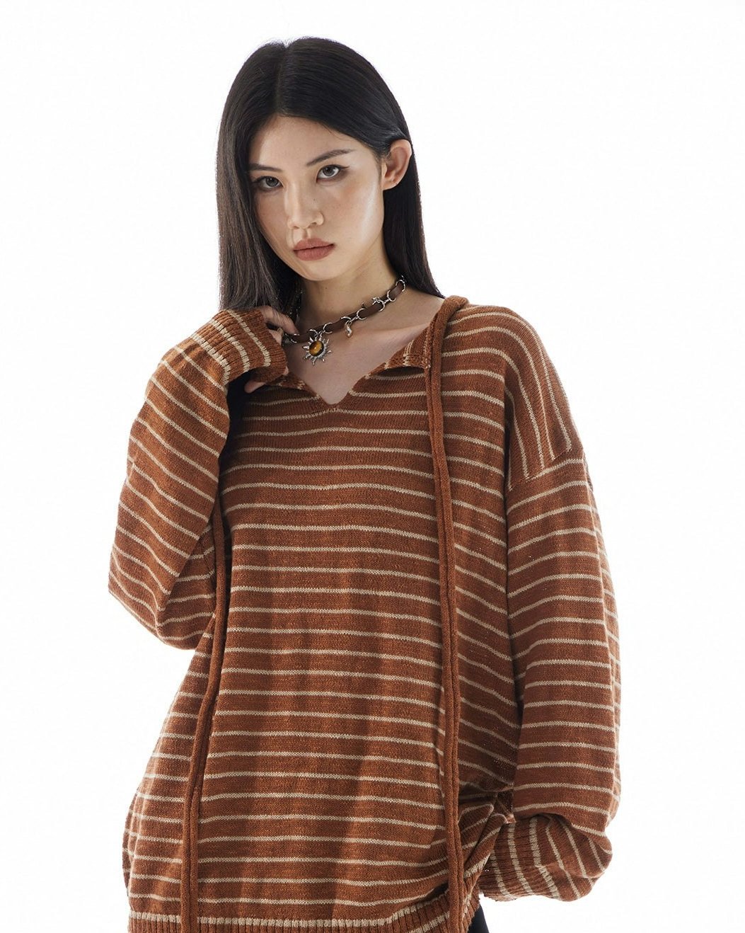 Stripe Oversized Knit Sweatshirt with Drawstrings