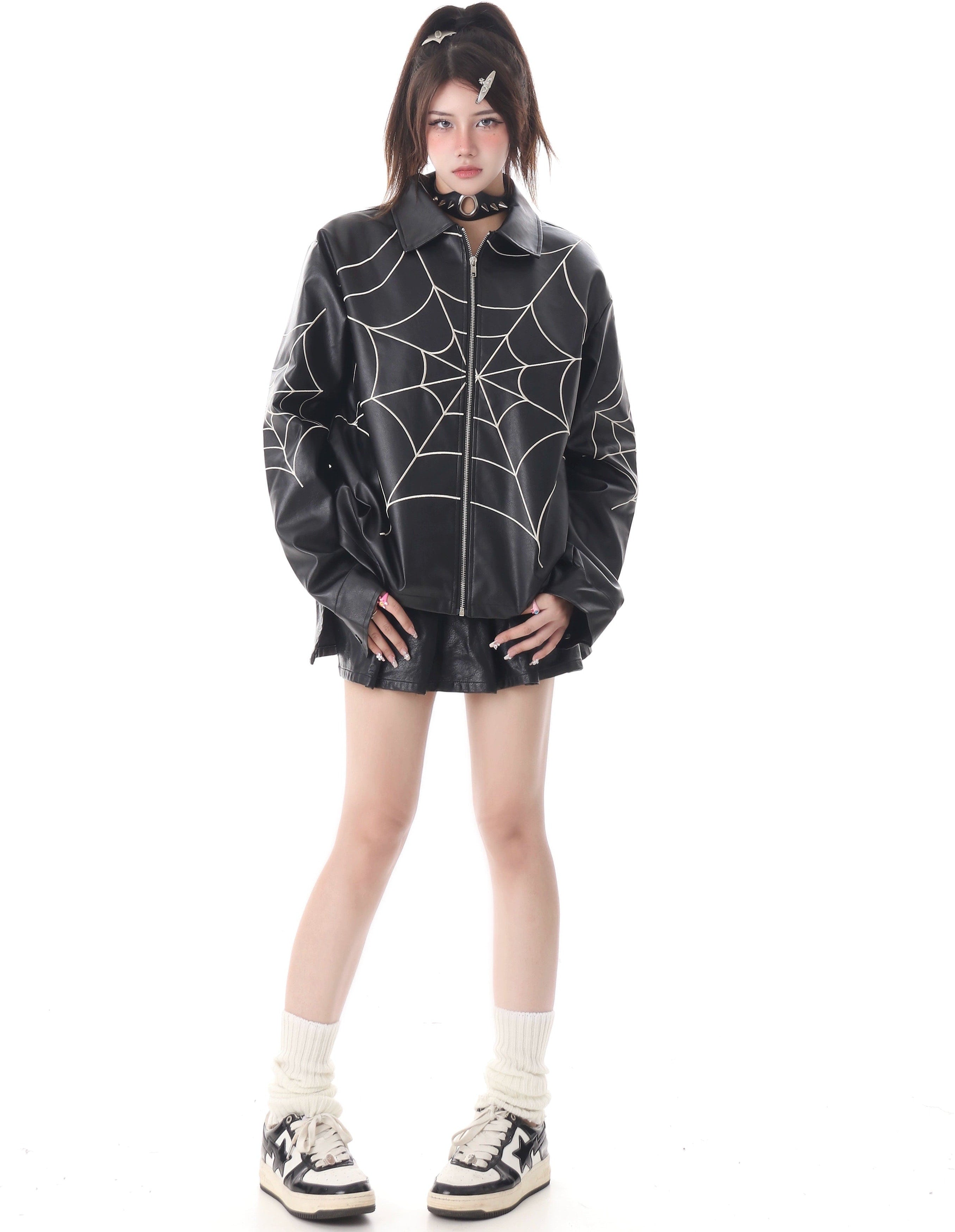 Spiderweb Print Zip-Through Faux Leather Jacket