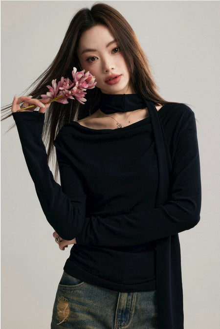 Asymmetrical Draped Neckline Long Sleeve Top with Scarf