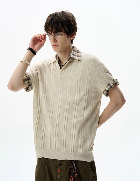 Ribbed Knit Short Sleeve Polo Shirt