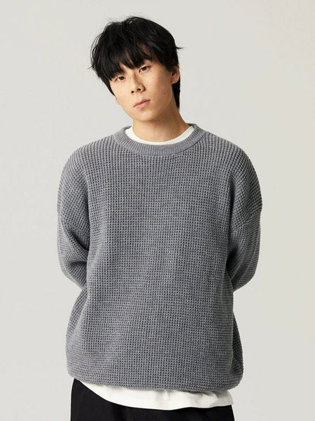 Oversized Crewneck Waffle-Weave Knit Sweater - nightcity clothing