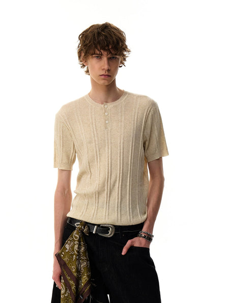 Ribbed Knit Half Button Short Sleeve Shirt - nightcity clothing