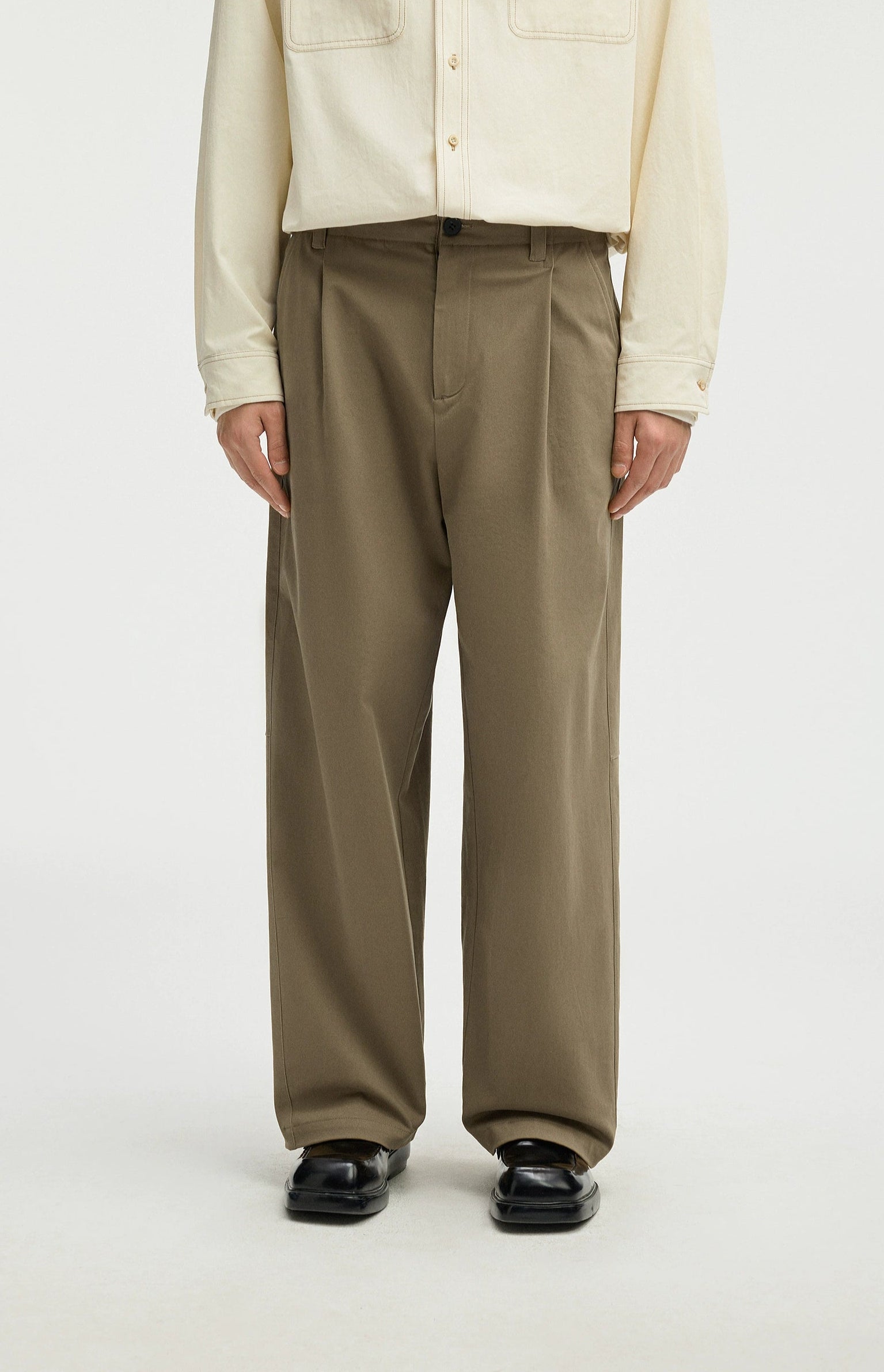 Straight Leg Pleated Trousers with Button Waist and Belt Loops