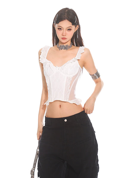 Lace Corset Crop Top with Ruffled Straps