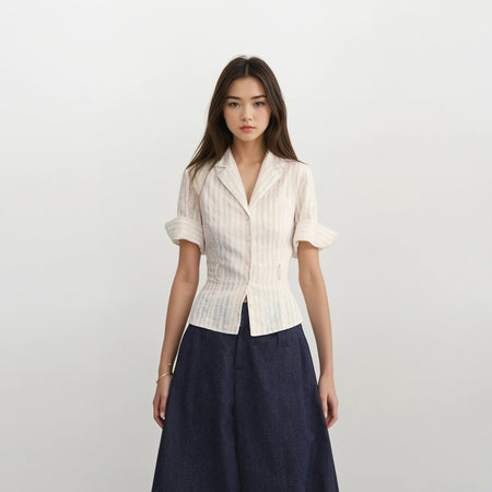 Striped Button-Up Short Sleeve Collared Shirt with Chest Pocket and Belt Loops