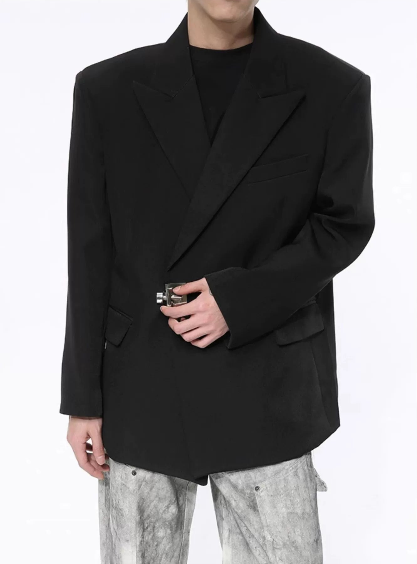 Asymmetric Structured Blazer with Lock Clasp Detail
