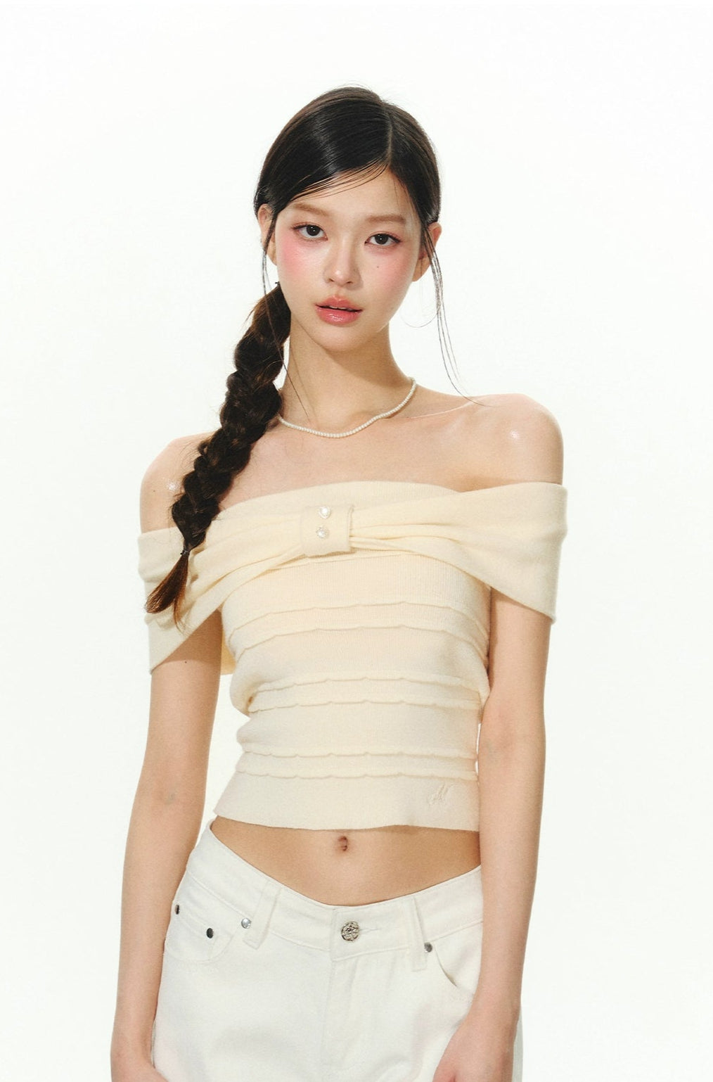 Off Shoulder Crop Top with Layered Detail and Pearl Accent