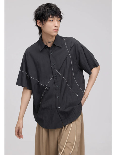 Asymmetrical Stitch Accent Short Sleeve Button Shirt