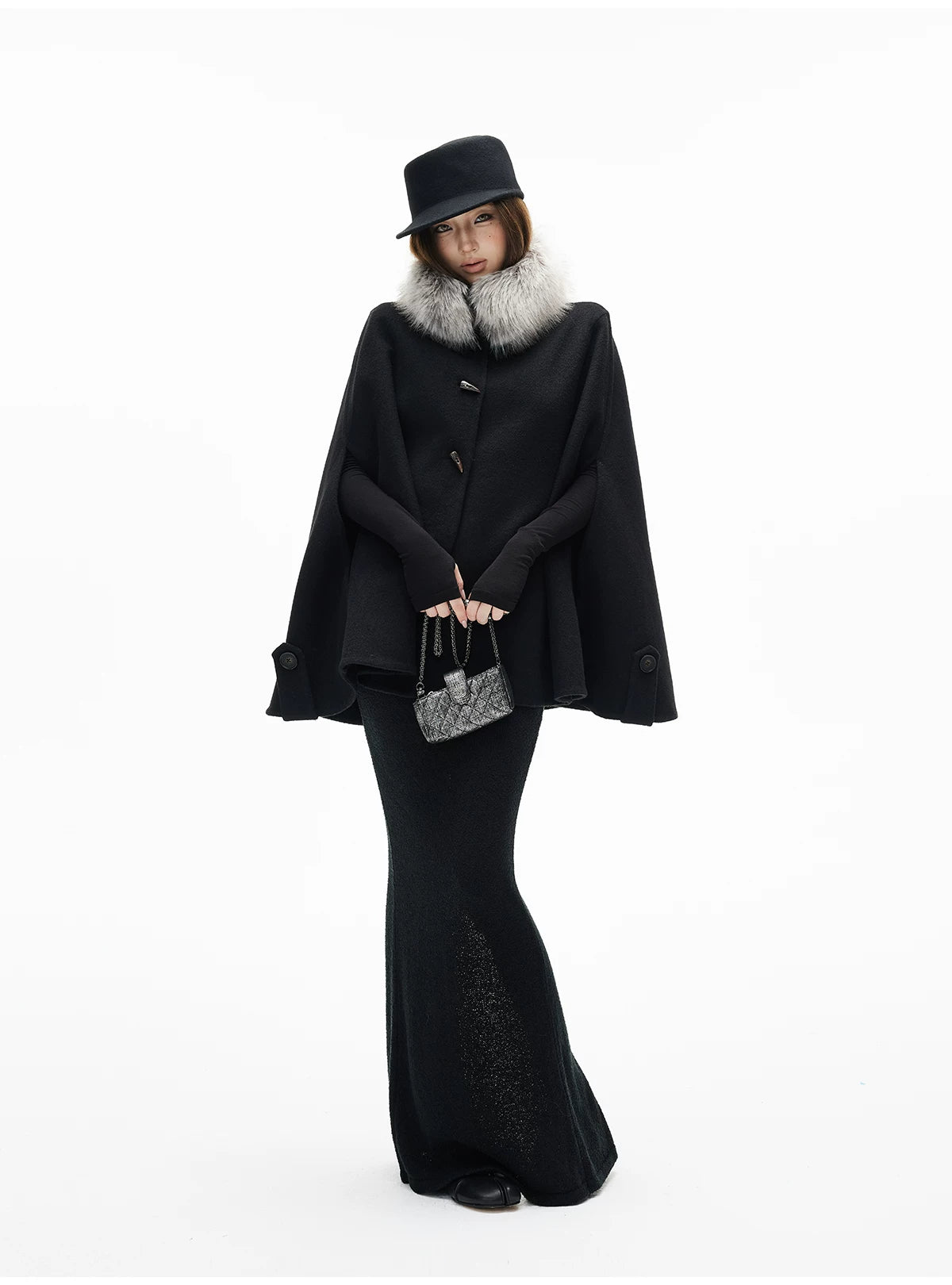 Faux Fur Collar Oversized Poncho Pullover - nightcity clothing