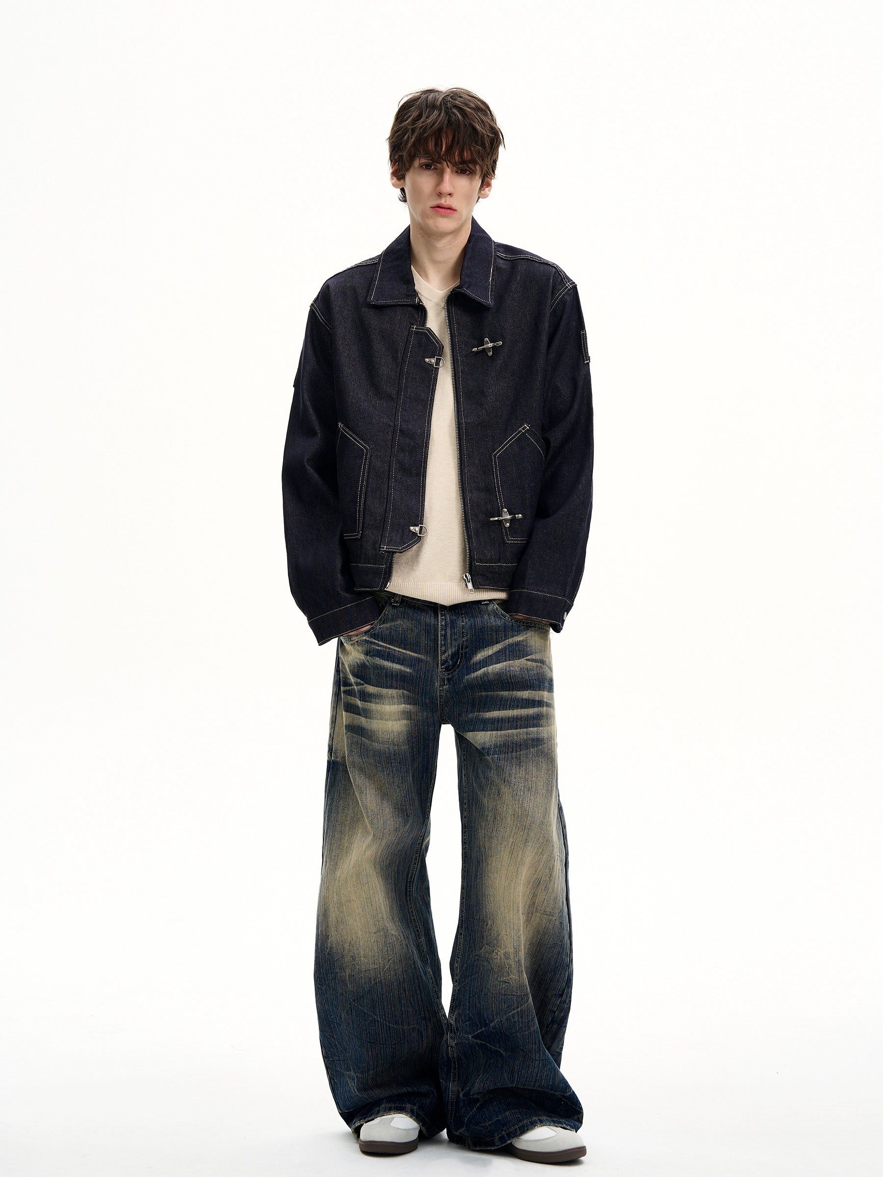 Dark Wash Fireman Clasp Mid-Crop Denim Jacket
