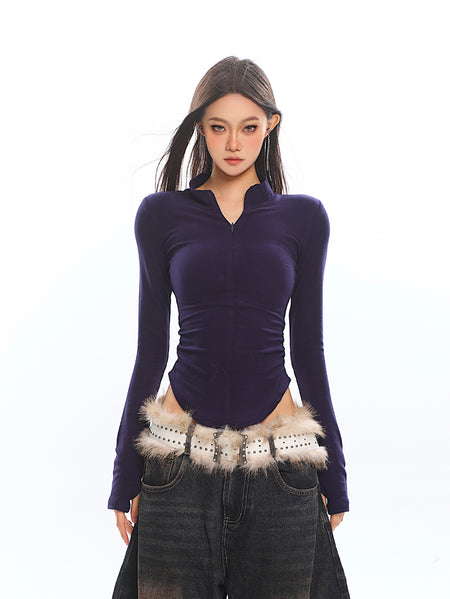 Skinny Zip Front Long Sleeve Collared Running Top