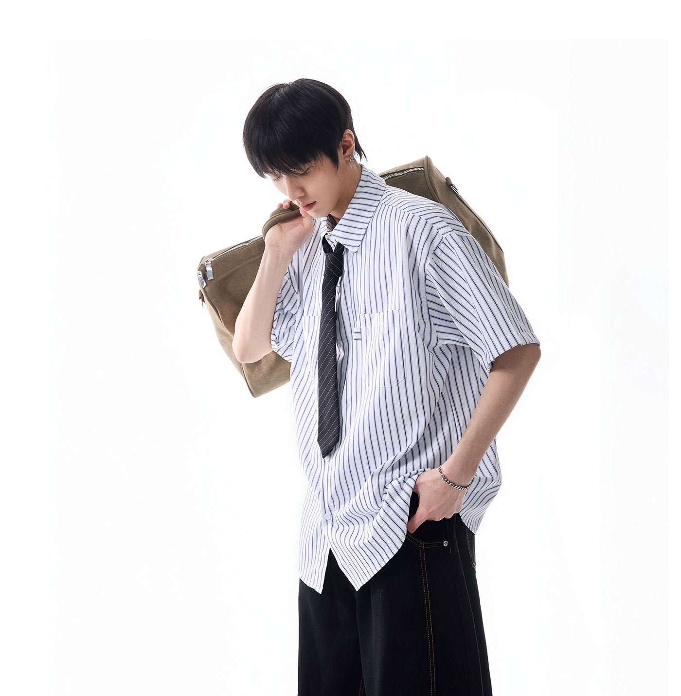 Oversized Stripe Short Sleeve Button Shirt with Chest Pockets