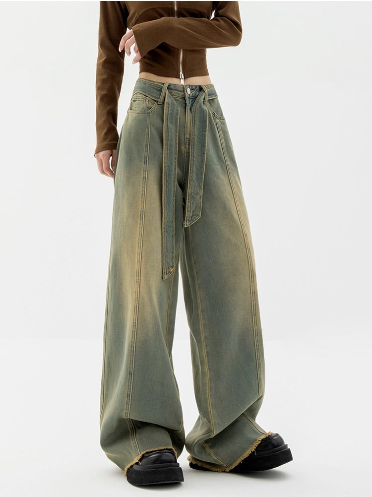 Faded Wide Leg Distressed Hem Belted Jeans