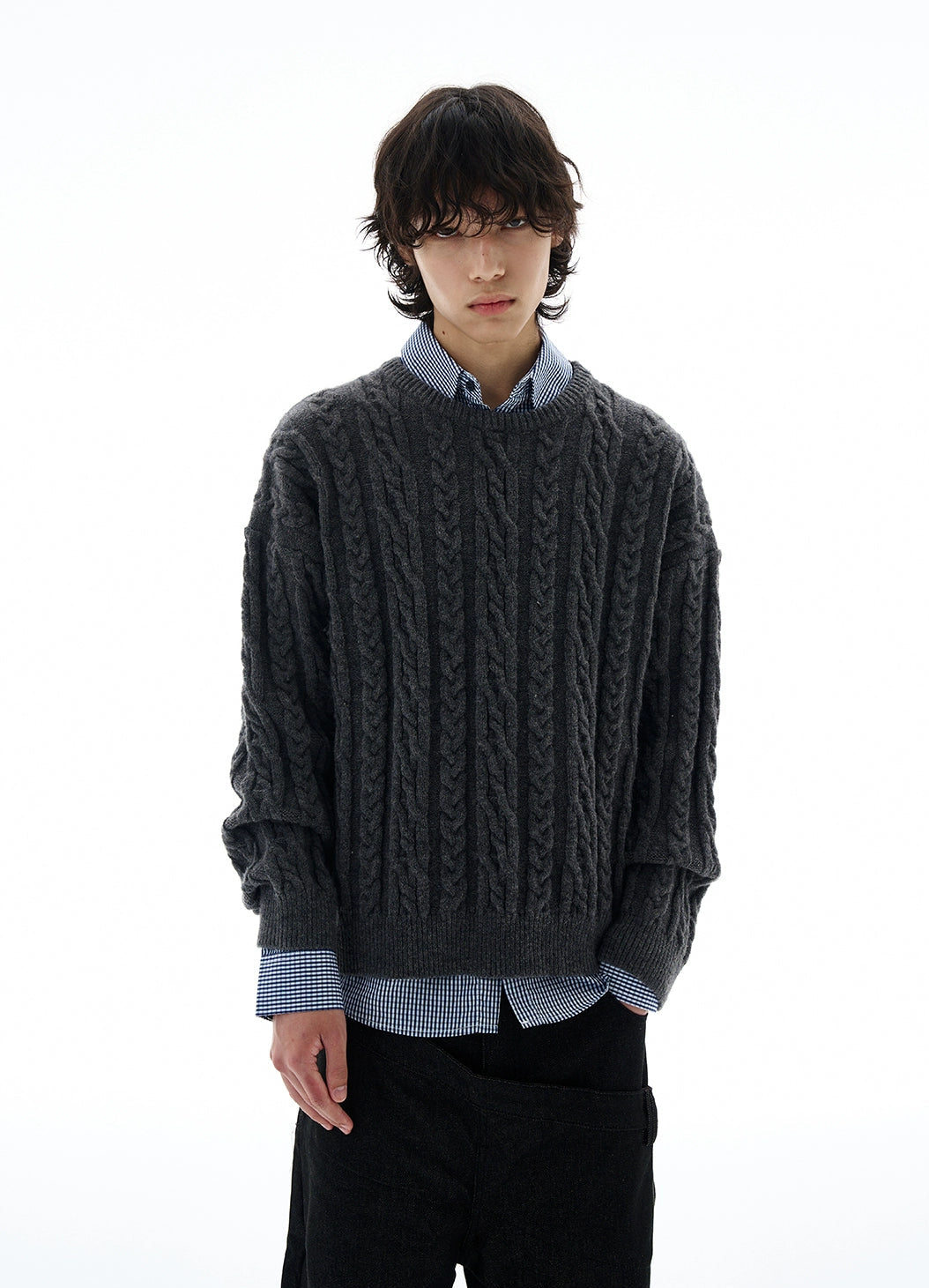 Cable Knit Round-Neck Ribbed Trim Sweater