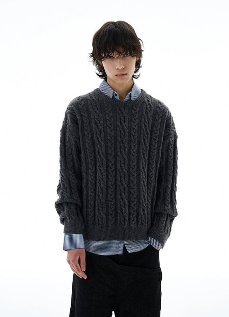 Cable Knit Round-Neck Ribbed Trim Sweater
