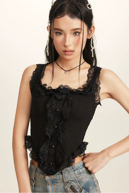 Ribbed Ruffle Lace Trim Corset-Effect Top