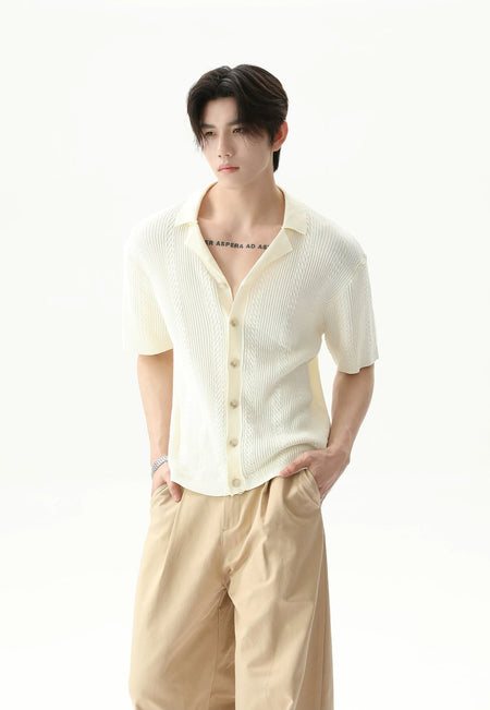Cable Knit Button-Up Short Sleeve Shirt with Open Collar - nightcity clothing